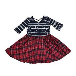 DotDotSmile Girls Red Plaid Striped Polka Dot Holiday Skater Dress Size 3/4 NEW